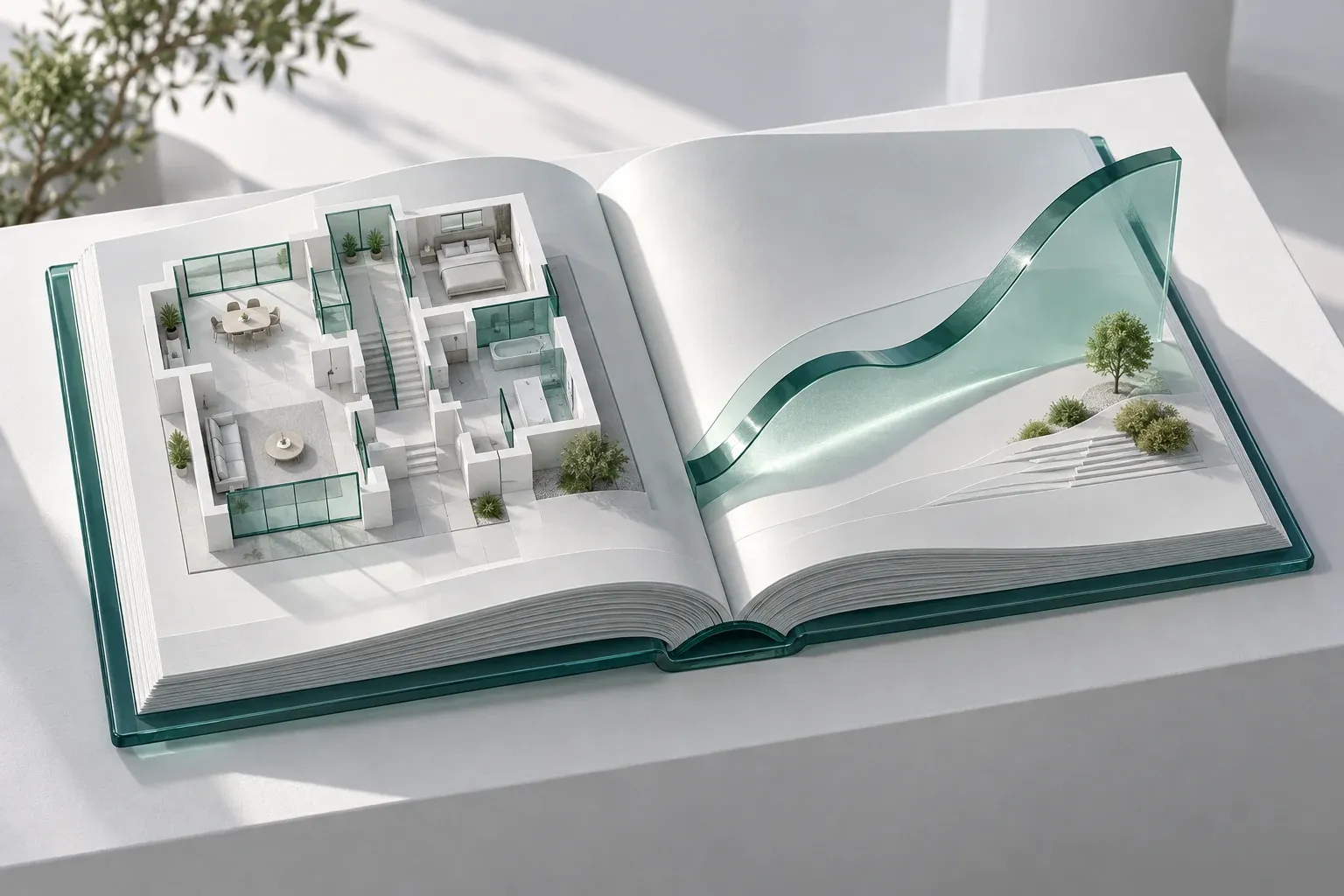 Konzeptillustration: aufgeschlagenes Finanzierungsbuch mit einem Architekturgrundriss und einer Glaskurve