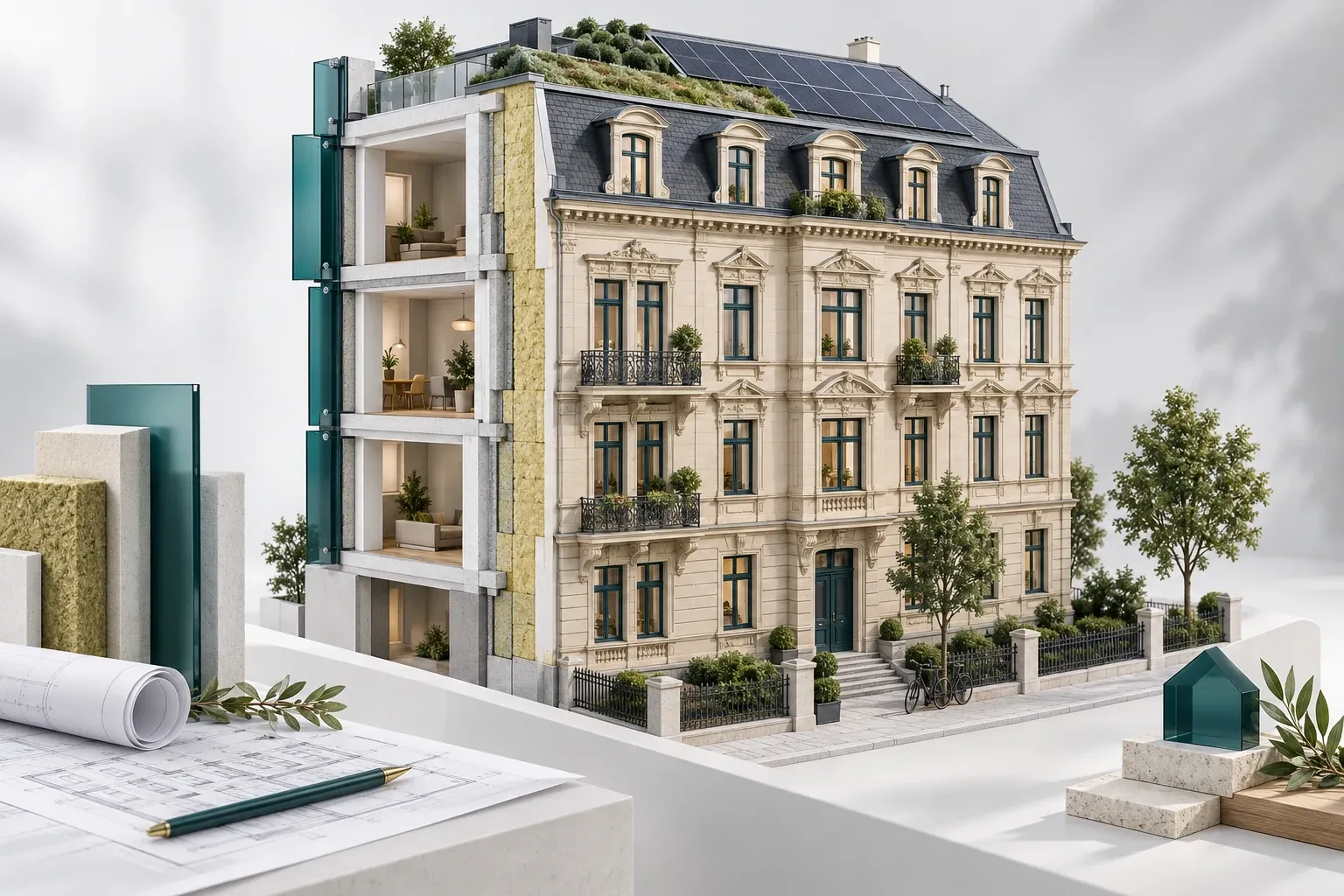 Architekturmodell eines Mehrfamilienhauses mit sichtbarer Dämmung als Konzeptillustration