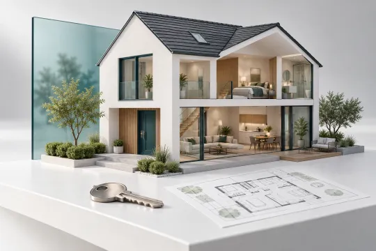 Konzeptillustration zur Immobilienfinanzierung: Hausmodell mit sichtbaren Innenräumen, Grundriss und Schlüssel